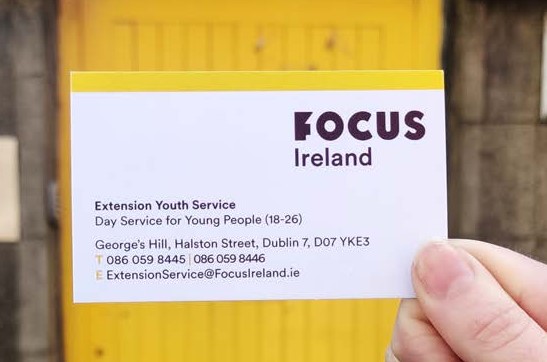 Focus Ireland Extension Youth Service business card.