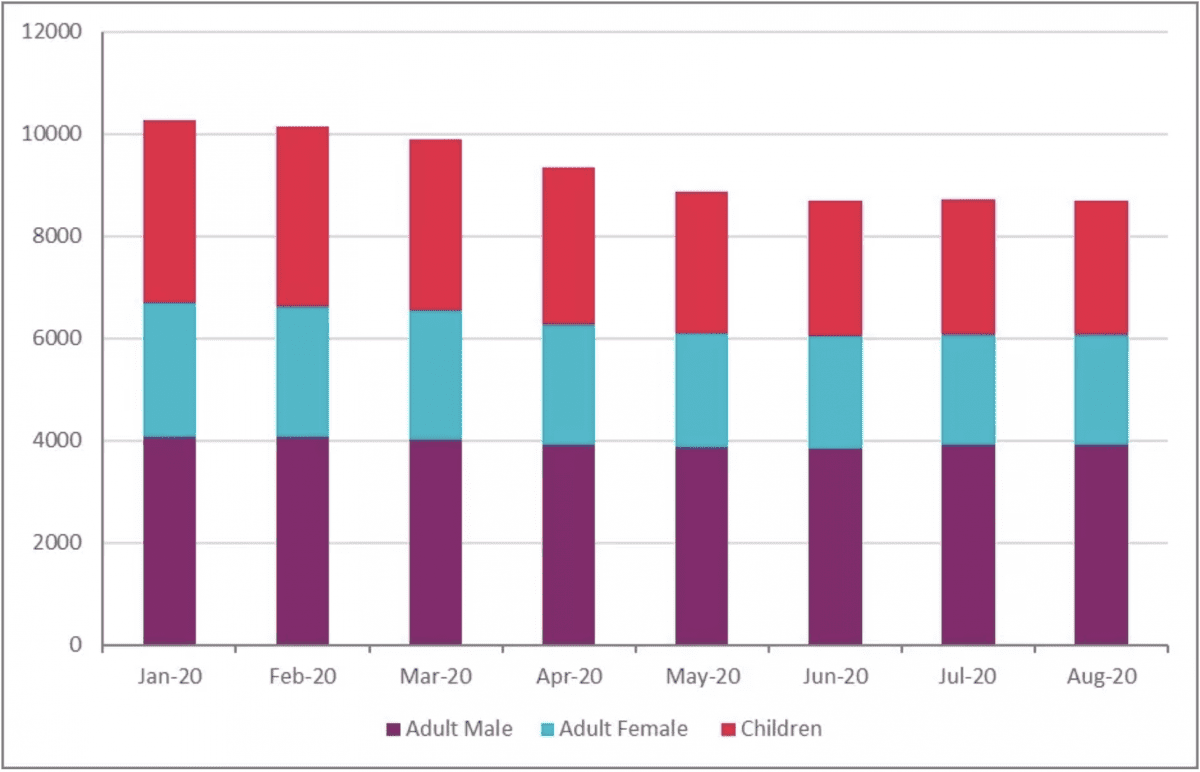 graph of homeless figures from Jan to Aug 2020