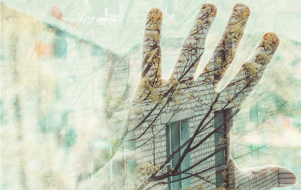 a transparent image on a hand against a window. You can see the outline of a house façade through the hand, showing trees and an external window.
