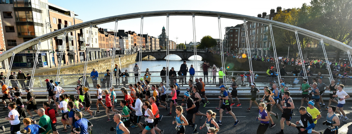 The Dublin Marathon participants running through Dublin City Centre.