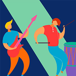 Infographic of two men playing instruments while dancing. One plays the drums while the other plays the guitar.