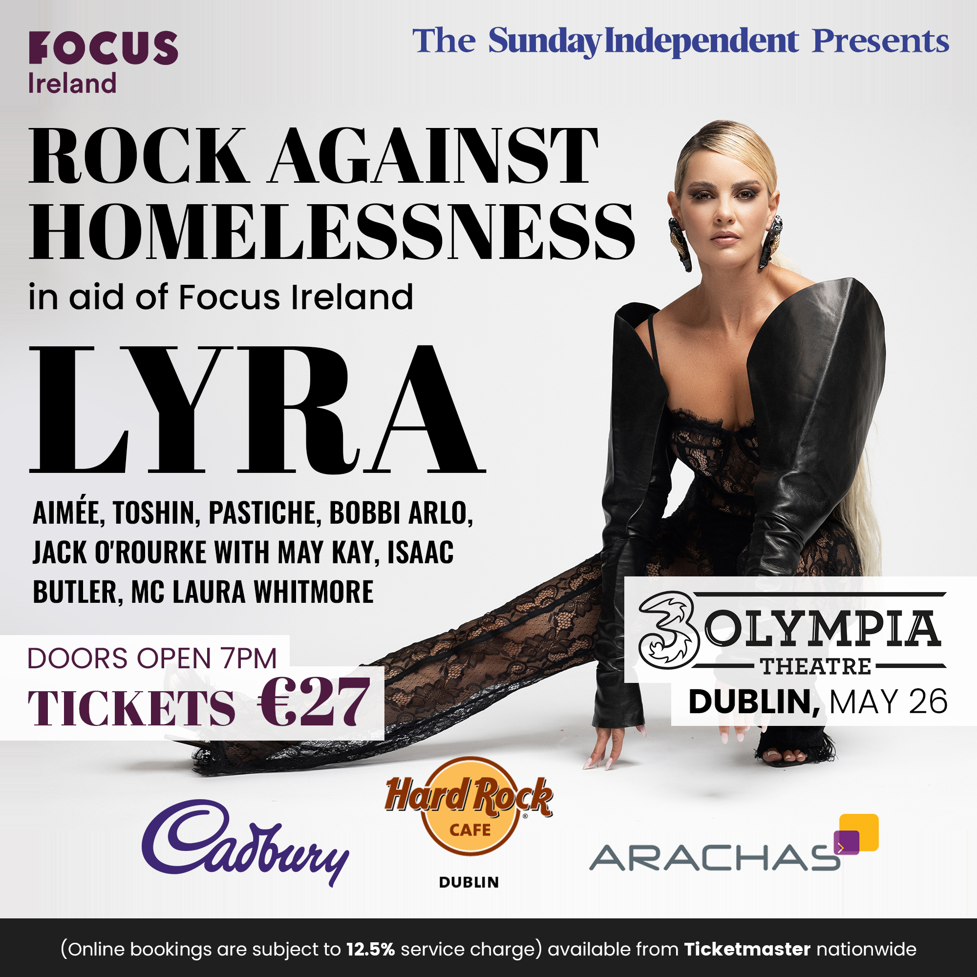 A poster for Rock Against Homelessness. The Headliner. Lyra, is kneeling. She has blonde hair and is wearing a black outfit.