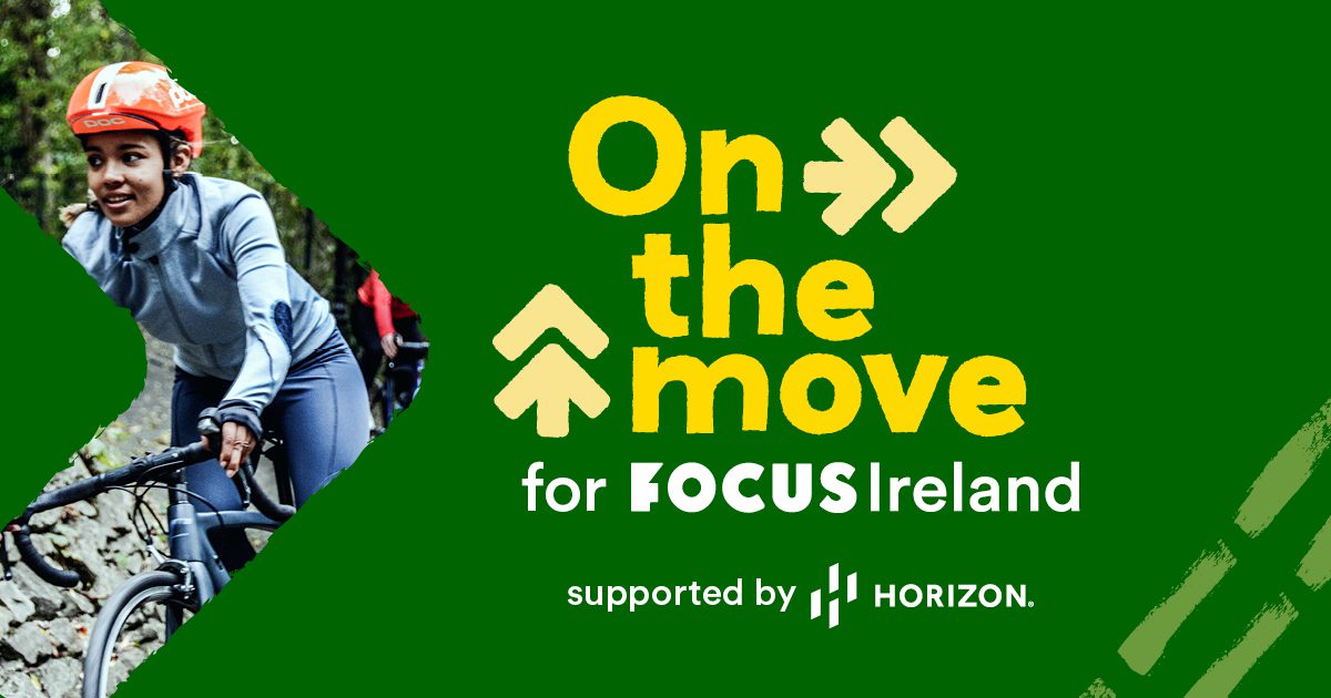 On the Move banner image. A picture of a child riding a bike sits on a green background with the text "On the Move for Focus Ireland. Supported by Horizon"