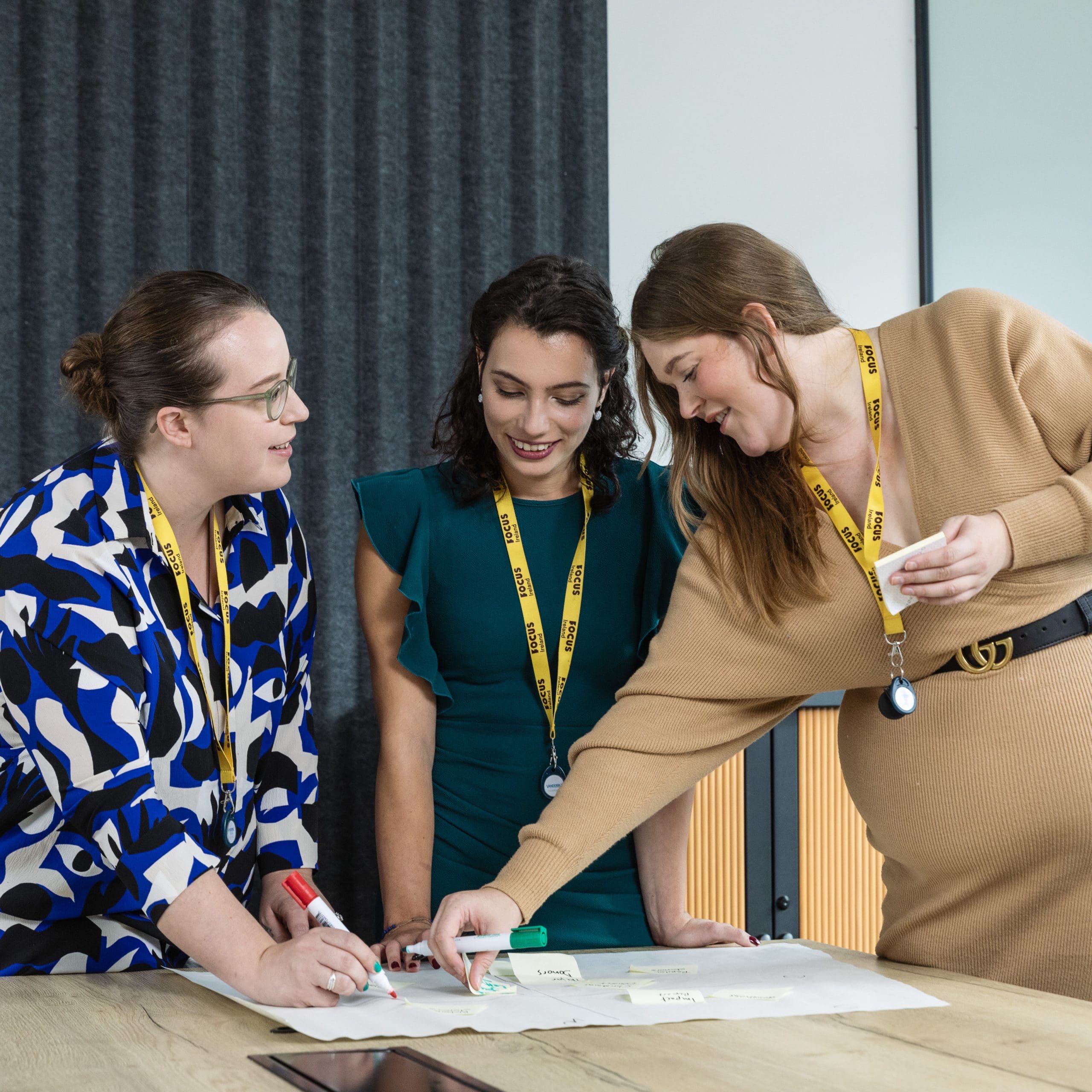 Three Focus Ireland employees take part in a strategy session