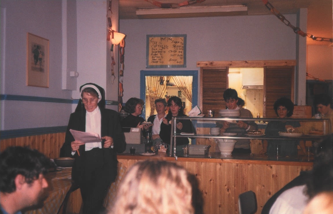 A busy coffee shop in the 1980's